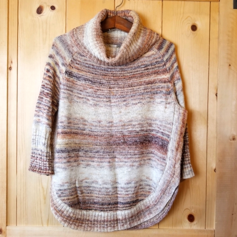 Ponsesa Cotton Wool Neutral Earth Tone Striped 3/4 Sleeve Cowl Neck Sweater